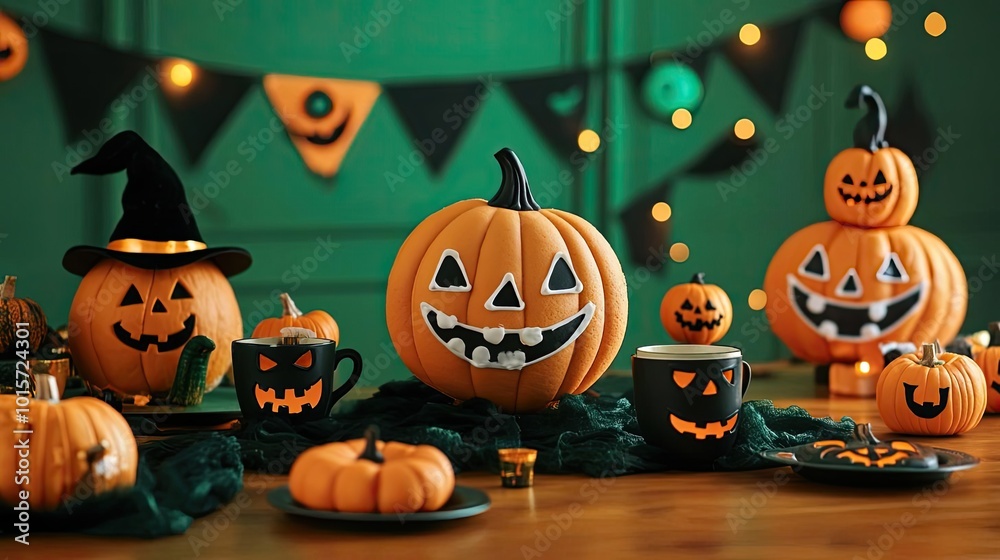 Festive Halloween table with carved pumpkins, decorative elements, and cozy ambiance, perfect for celebrating the spooky season. Festive Halloween table with carved pumpkins, decorative elements, and cozy ambiance, perfect for celebrating the spooky season.