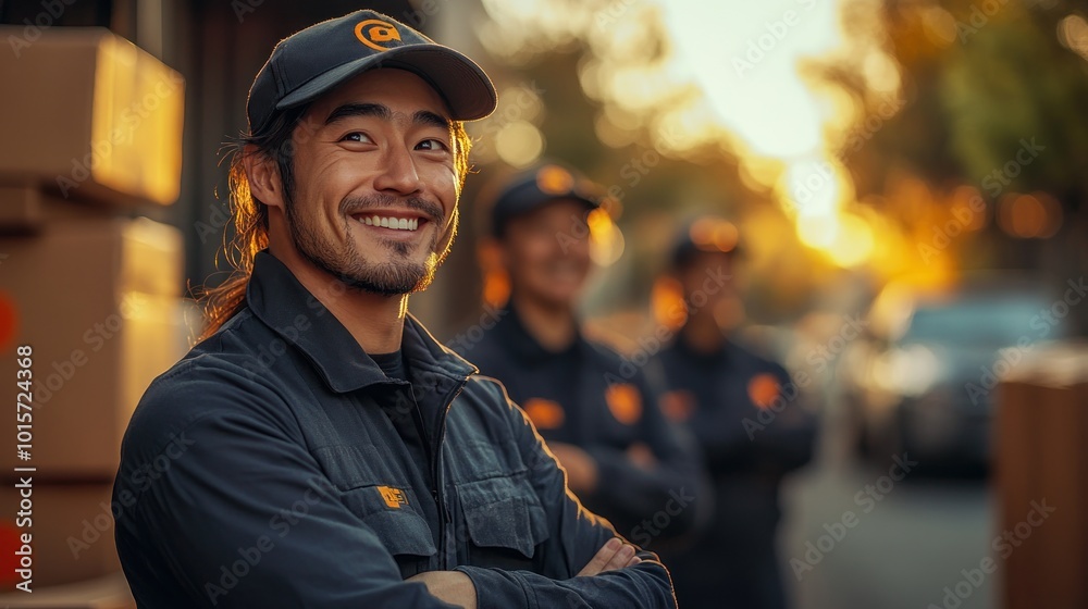 Smiling worker in uniform with colleagues at sunset. Smiling worker in uniform with colleagues at sunset.