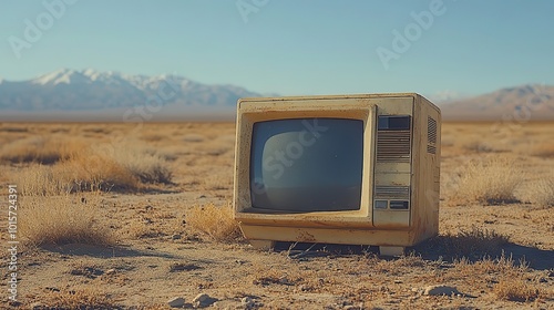 A nostalgic image of an old computer abandoned in the desert, symbolizing the obsolescence of past technology.