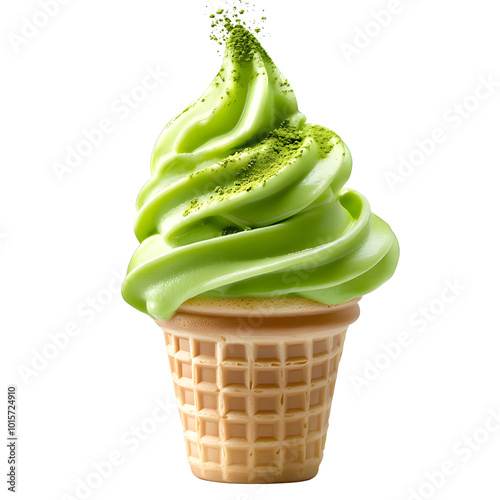 Delicious matcha soft serve ice cream in a classic waffle cone on a white background.