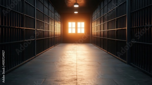 Digital prison security system with glowing firewalls, securing inmate data and facility control systems from cyber threats