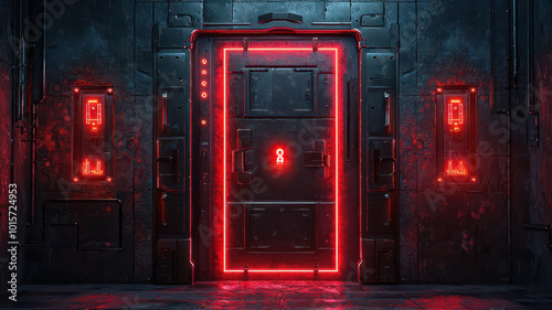 Futuristic prison gate secured by glowing cyber security symbols, with digital locks and encrypted access points