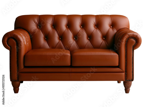 Elegant brown leather tufted sofa, perfect for modern living spaces, showcasing classic design and comfort. photo