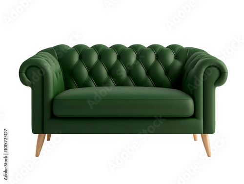 Elegant green sofa with tufted design and wooden legs, perfect for modern living spaces. photo