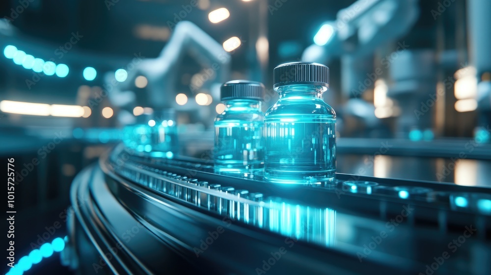 Pharmaceutical Vials on Production Line in Modern Medical Facility Pharmaceutical Vials on Production Line in Modern Medical Facility