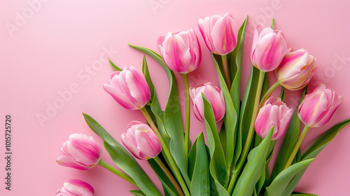 Lovely arrangement of spring flowers with a bouquet of pink tulips set against a soft pastel pink background, perfect for Valentine's Day, Easter, birthdays, Women's Day, or Mother's Day. Flat lay vie