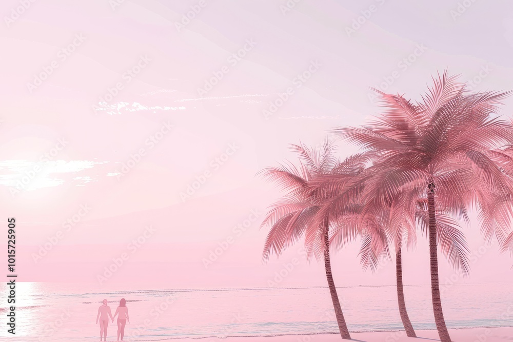 Obraz premium Pink Sunset Beach with Palm Trees
