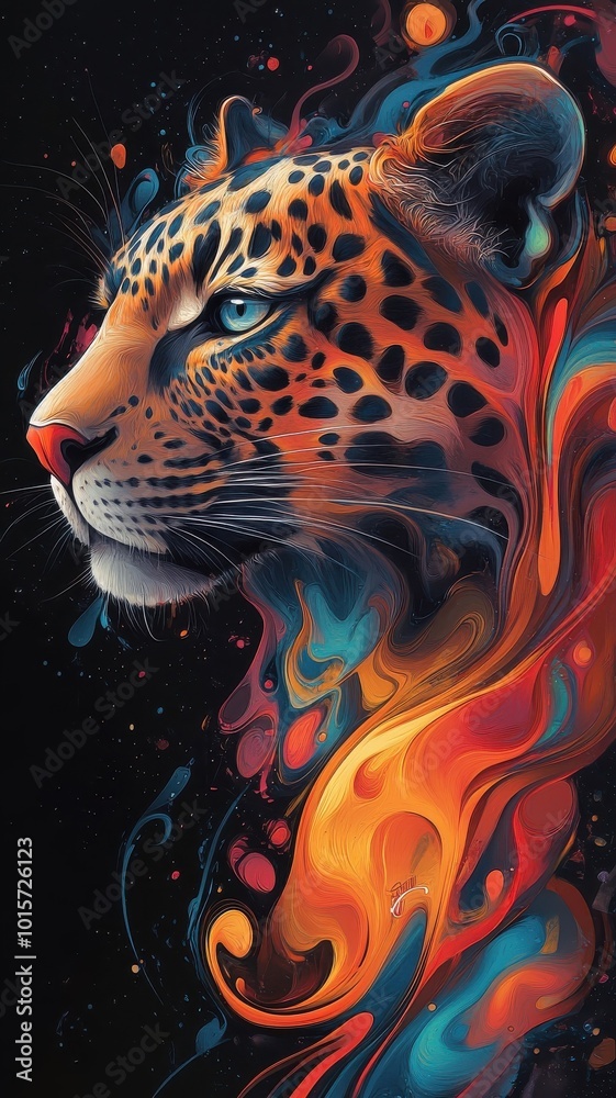 Fototapeta premium Leopard reimagined in Morphism style, its form transformed into smooth, abstract shapes with fluid lines and vibrant colors.