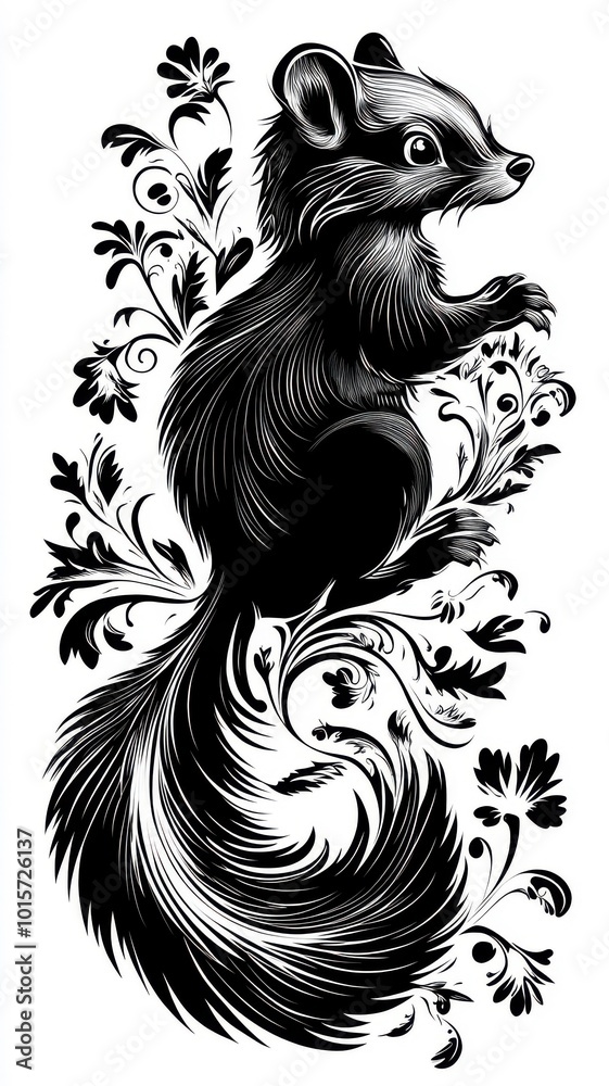 Fototapeta premium Skunk depicted in Art Nouveau style, with flowing lines and intricate floral patterns enhancing its graceful stance.
