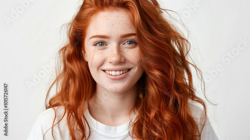 Close-up of a cheerful young woman with long red wavy hair and cute freckles, in a cool T-shirt, smiling warmly against a plain white background.