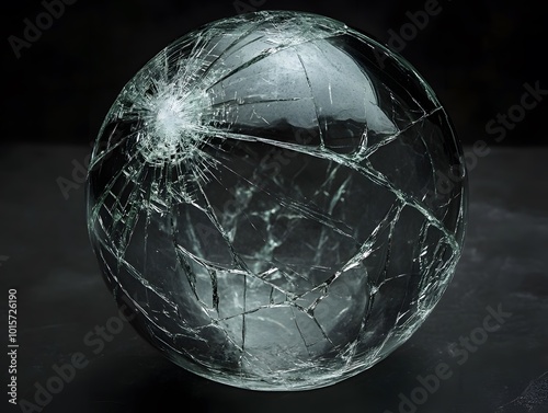 Broken Glass Sphere Close-Up with Visible Crack Patterns