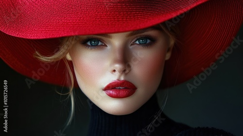 A close-up portrait of a woman in a striking red hat.