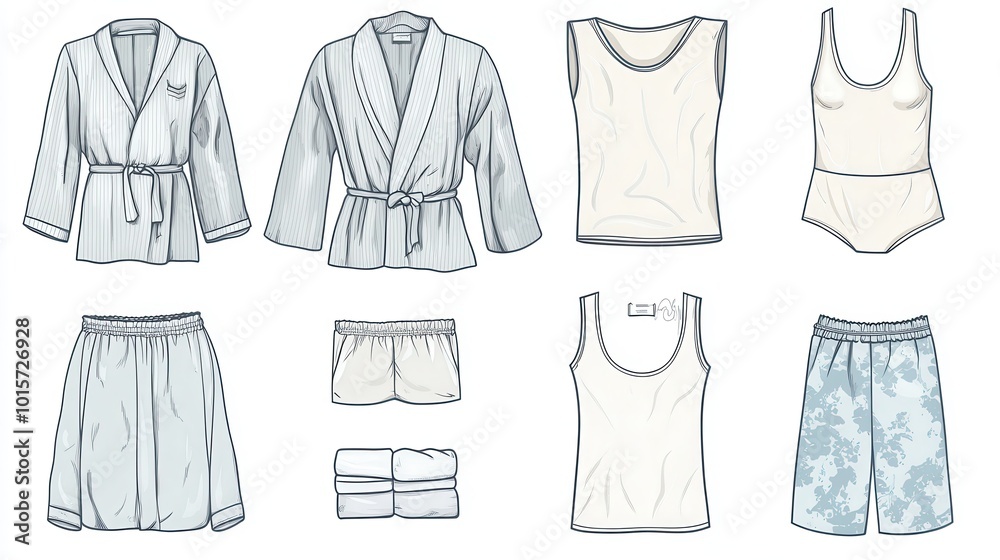 A vector illustration template showcasing a variety of sleepwear items, including bathrobes, pajamas, shorts, and tank tops. The design features clear outlines and labels for each item A vector illustration template showcasing a variety of sleepwear items, including bathrobes, pajamas, shorts, and tank tops. The design features clear outlines and labels for each item