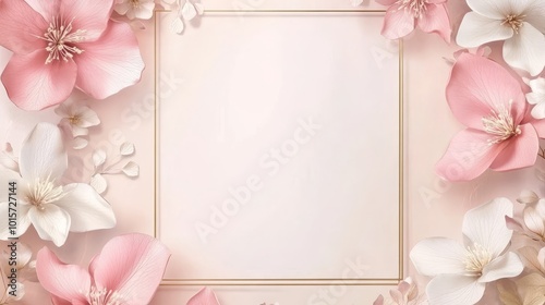 Wallpaper Mural pinks and cream color background with a large blank space in the center, with pink and white flowers on each side of it. The frame is made up of gold metal square shapes that frame all four sides Torontodigital.ca