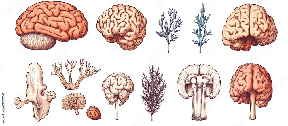 Collection of human brains, branches and spinal cord illustrations. Collection of human brains, branches and spinal cord illustrations.