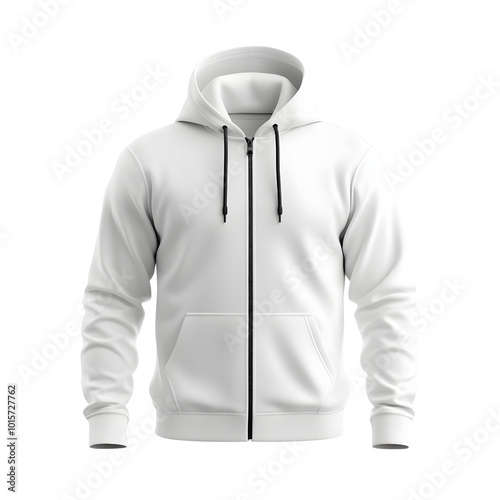 White zip-up hoodie with a modern design, perfect for casual wear or active lifestyle. photo