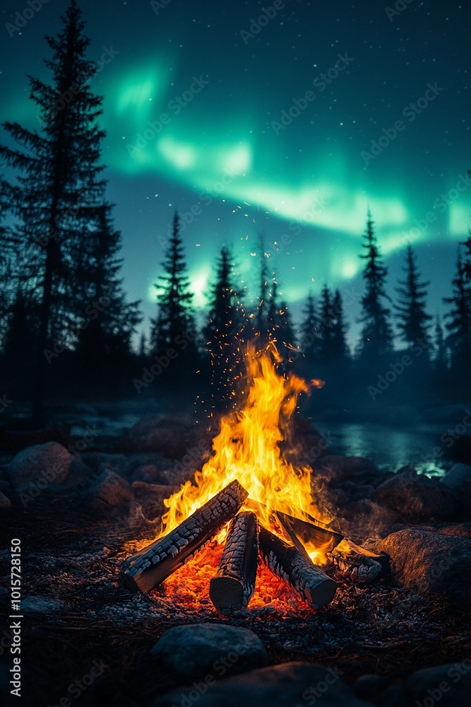 A fire is burning in a wood pile in front of a forest. The fire is surrounded by rocks and logs, and the sky is filled with aurora borealis. Concept of warmth and tranquility A fire is burning in a wood pile in front of a forest. The fire is surrounded by rocks and logs, and the sky is filled with aurora borealis. Concept of warmth and tranquility