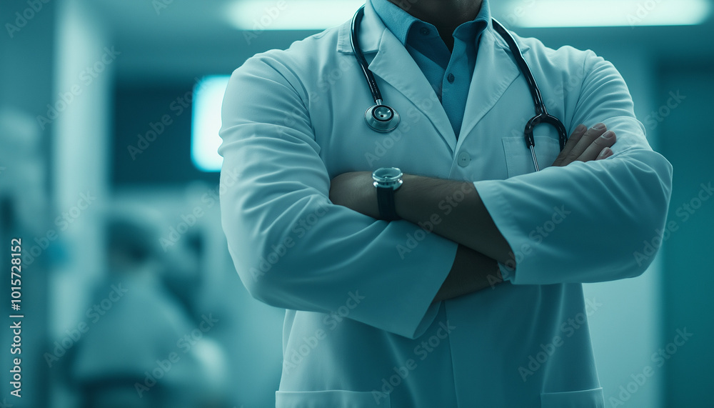 Doctor in uniform holding stethoscope and crossed arms Hospital or clinic background and copy space Doctor in uniform holding stethoscope and crossed arms Hospital or clinic background and copy space