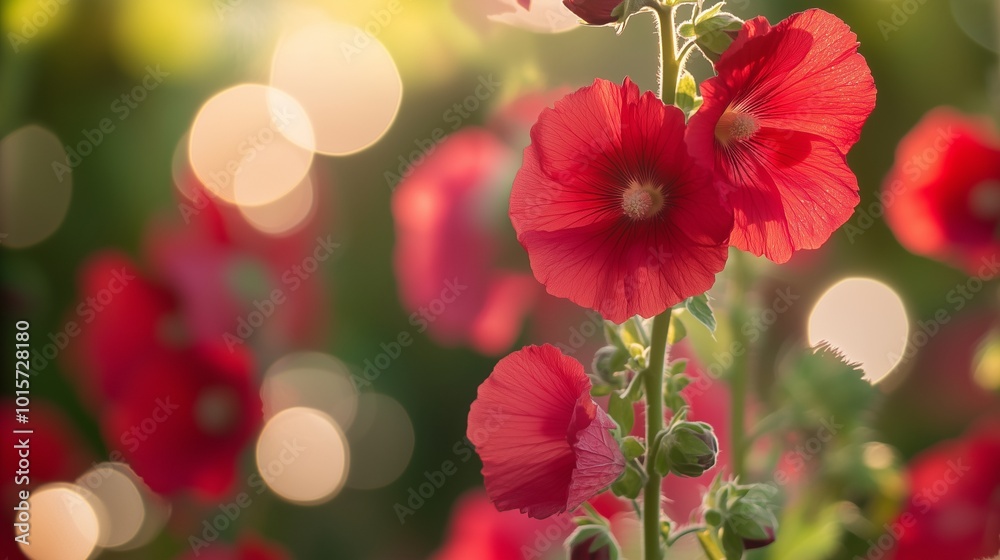 Red hollyhock closeup macro flower with vibrant sun light nature background Red hollyhock closeup macro flower with vibrant sun light nature background