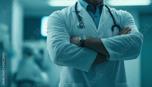 Doctor in uniform holding stethoscope and crossed arms Hospital or clinic background and copy space