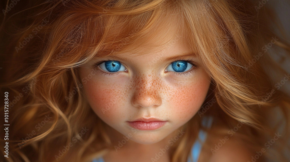 A young girl with blue eyes and red hair. She has a red face and is wearing a blue shirt A young girl with blue eyes and red hair. She has a red face and is wearing a blue shirt