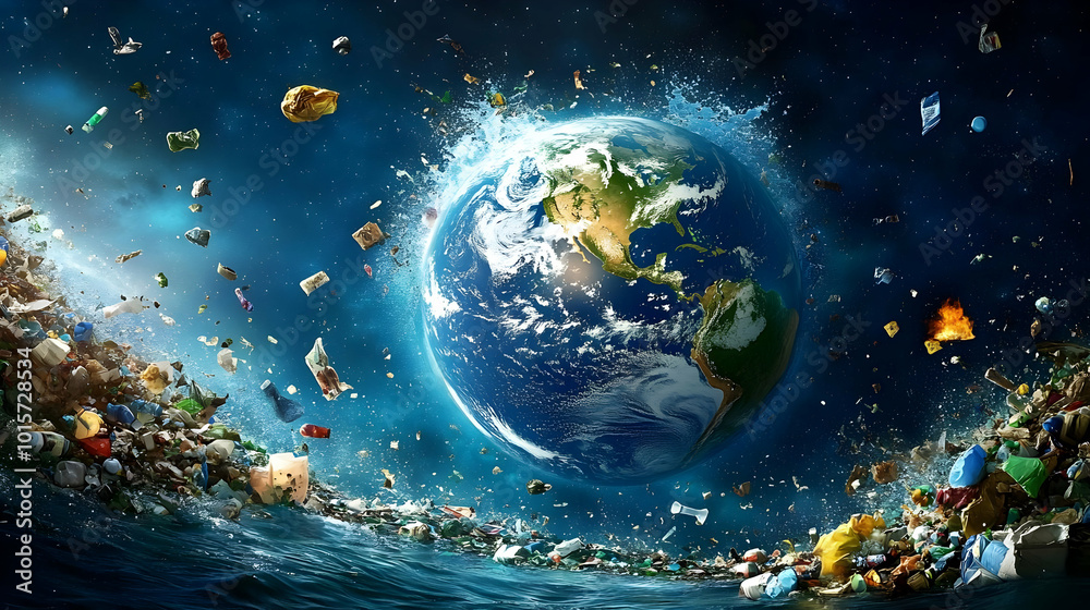 Digital Illustration of Earth Surrounded by Space Debris and Plastic Pollution Digital Illustration of Earth Surrounded by Space Debris and Plastic Pollution
