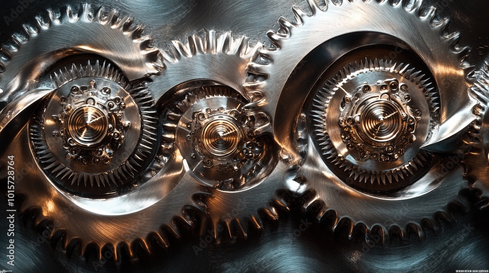 Silver mechanical gears intertwined in motion Silver mechanical gears intertwined in motion