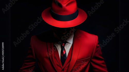 A red suit, black tie, and hat. The man is completely hidden behind the shadow of his head, but you can see that he wears it with confidence and elegance. Black background.