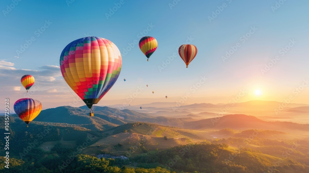 Fototapeta premium Hot Air Balloons Soaring Above the Mountains at Sunrise