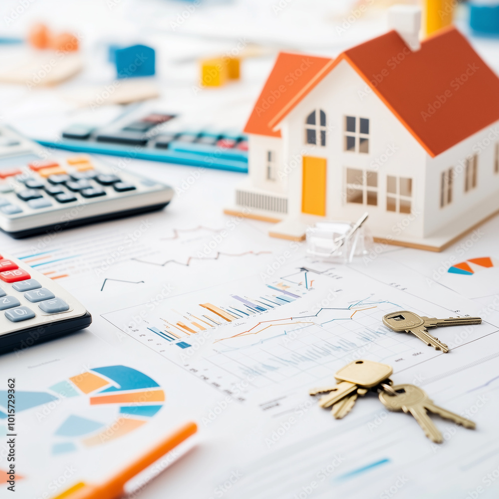 real estate investment planning scene, featuring documents on property tax, mortgage financing, home sales, and insurance. A professional is seen reviewing charts, calculators, and contracts, with a real estate investment planning scene, featuring documents on property tax, mortgage financing, home sales, and insurance. A professional is seen reviewing charts, calculators, and contracts, with a