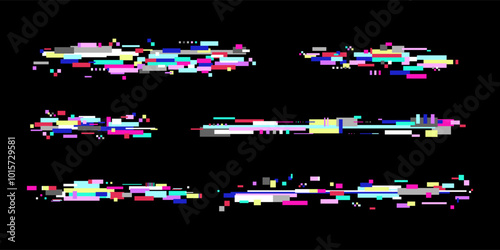 Glitch art frames set. Destroyed shapes with color graphics. Corrupted technology elements. Tv, video error template. Cyberpunk graphics. Vector illustration. Visual chaos.
