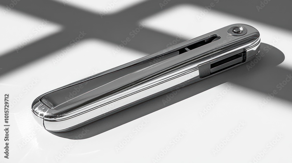 A sleek, modern stapler resting on a reflective surface. A sleek, modern stapler resting on a reflective surface.