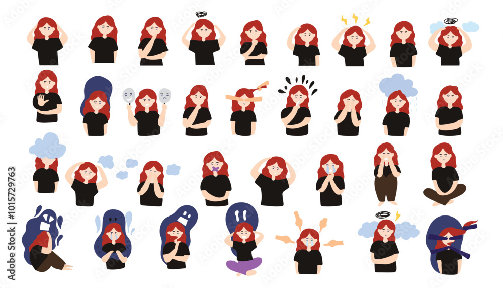 set of variant pose woman depression, anxiety, bullying mental health concept illustration design set of variant pose woman depression, anxiety, bullying mental health concept illustration design