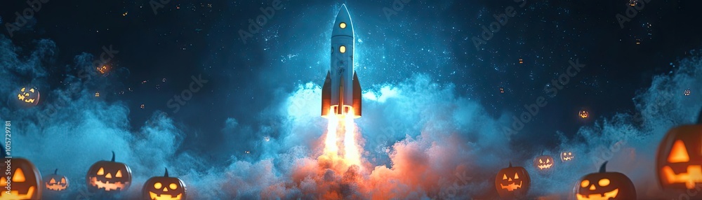 Obraz premium A glowing rocket launches into a starry sky surrounded by Halloween pumpkins, blending space exploration with festive themes.