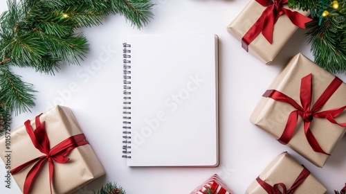 White blank notebook surrounded by Christmas gifts on white background, flat lay, top view, high resolution photography, high detail, stock photo, unsplash
