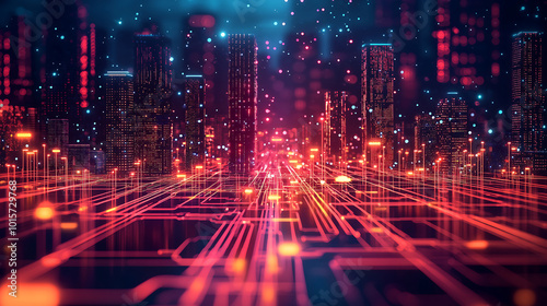 Futuristic city with glowing neon cyber network and digital grid architecture