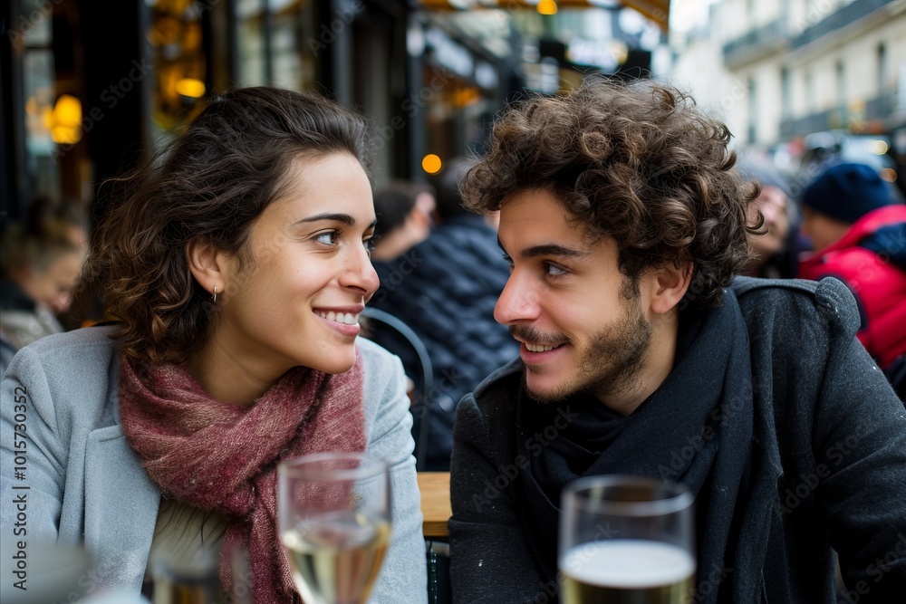 Portrait of young couple sitting in a pub and drinking champagne.