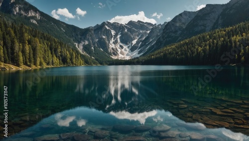 Clear blue lake with lush greenery and mountain reflections, serene natural scene