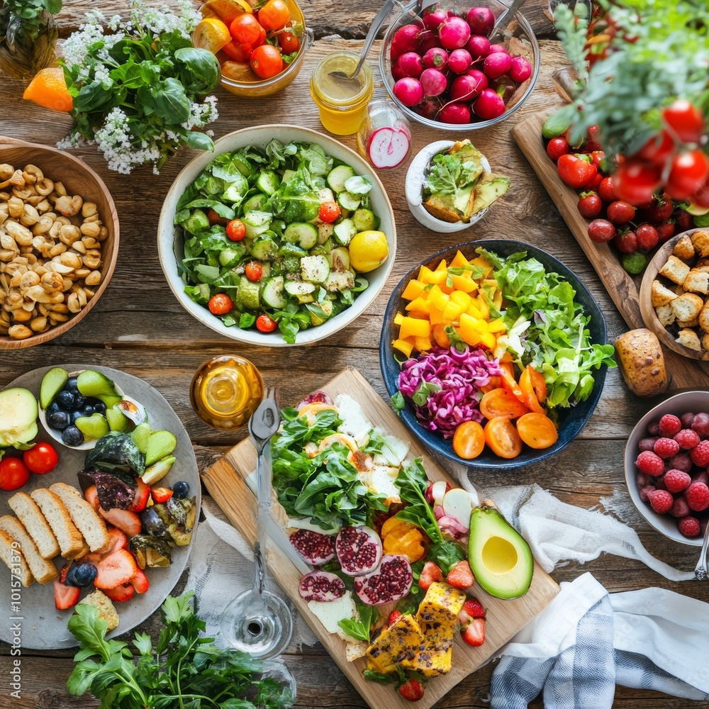 A beautifully arranged vegan picnic spread on a wooden table, featuring colorful fruits, vegetables, and plant-based dishes. The scene should include a clean A beautifully arranged vegan picnic spread on a wooden table, featuring colorful fruits, vegetables, and plant-based dishes. The scene should include a clean