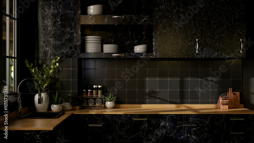 Interior design of a modern black kitchen features a black marble kitchen counter with a wooden top. photo