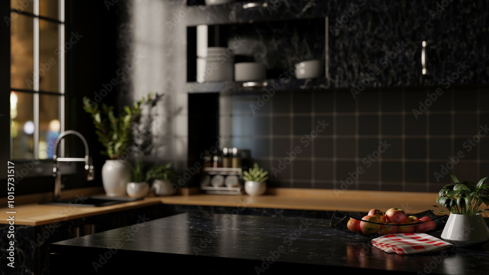 A modern black marble kitchen island designed for displaying products in a sleek black kitchen. A modern black marble kitchen island designed for displaying products in a sleek black kitchen.