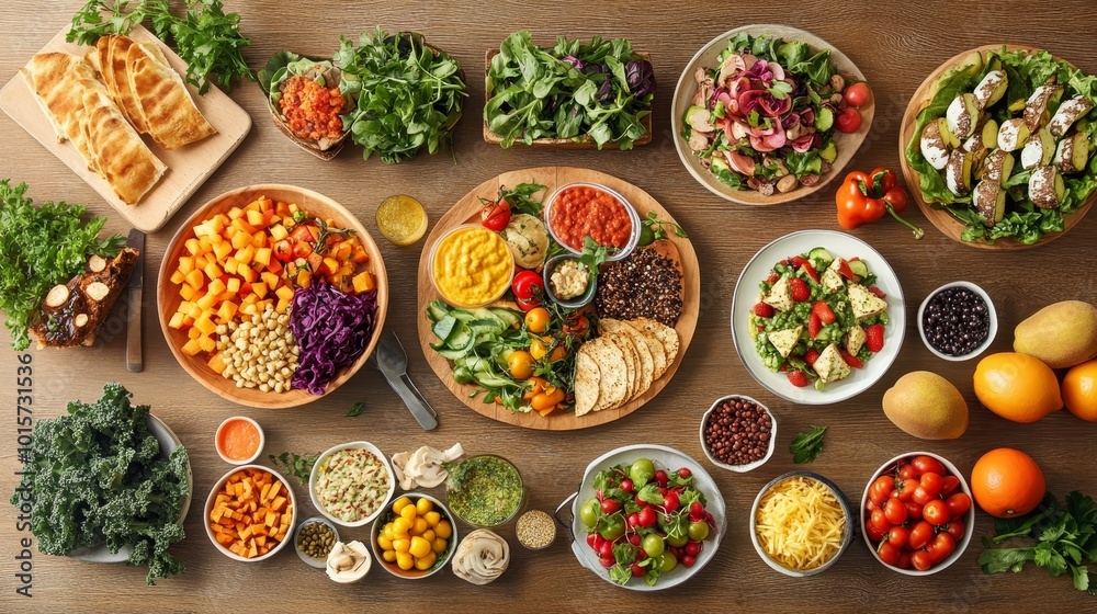 A beautifully arranged vegan picnic spread on a wooden table, featuring colorful fruits, vegetables, and plant-based dishes. The scene should include a clean A beautifully arranged vegan picnic spread on a wooden table, featuring colorful fruits, vegetables, and plant-based dishes. The scene should include a clean