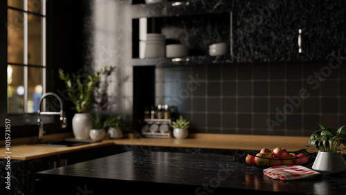 A modern black marble kitchen island designed for displaying products in a sleek black kitchen.