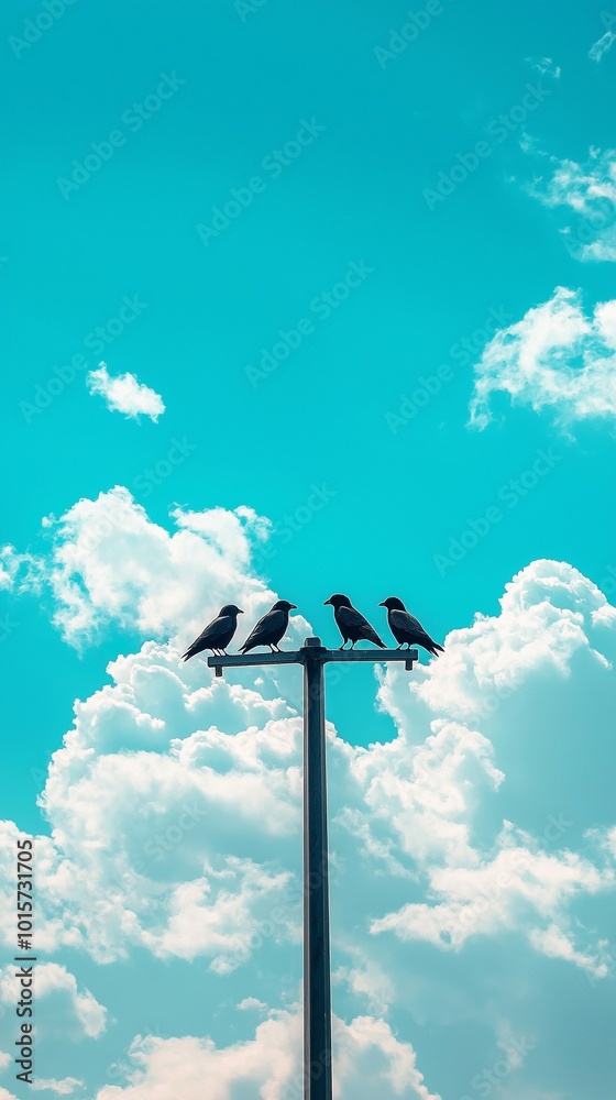 Birds perched on a light pole, beautiful sky, bright blue. Birds perched on a light pole, beautiful sky, bright blue.