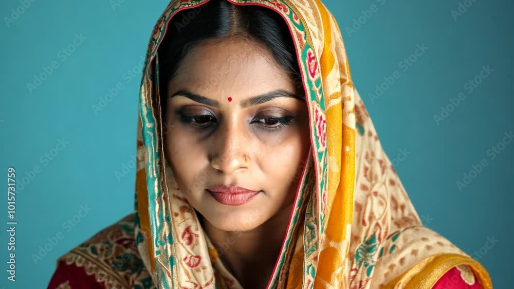 Woman in Traditional Attire Reflecting Quietly Against a Blue Backdrop Generative AI Woman in Traditional Attire Reflecting Quietly Against a Blue Backdrop Generative AI