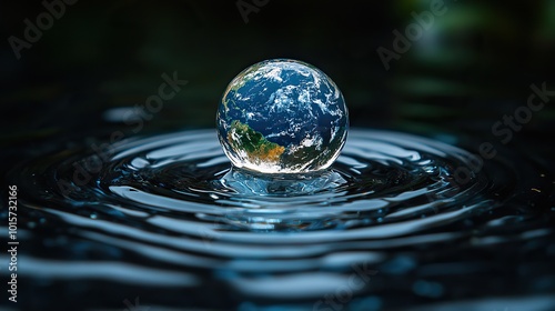 A compelling image of the Earth inside a droplet symbolizes the fragile state of the environment, particularly in relation to World Oceans Day.