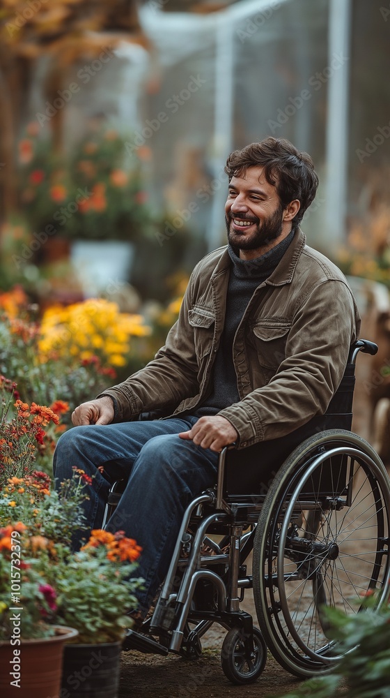 Man in a wheelchair, smiling, tending to plants and flowers on a farm. Man in a wheelchair, smiling, tending to plants and flowers on a farm.