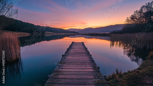 Wooden dock extending into a still lake at sunset, with a colorful sky reflecting on the water.