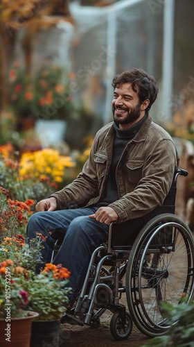 Man in a wheelchair, smiling, tending to plants and flowers on a farm.