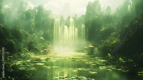A Misty Green Waterfall Cascading Down Lush Cliffs into a Serene Lake, Framed by Lush Foliage, A Tranquil and Peaceful Scene
